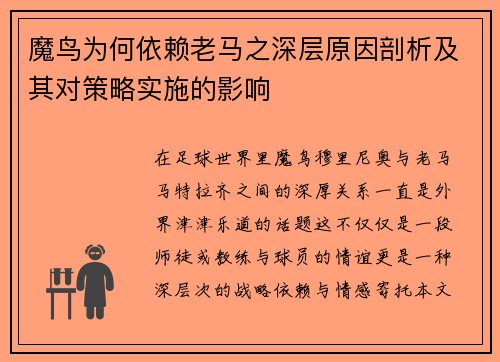 魔鸟为何依赖老马之深层原因剖析及其对策略实施的影响